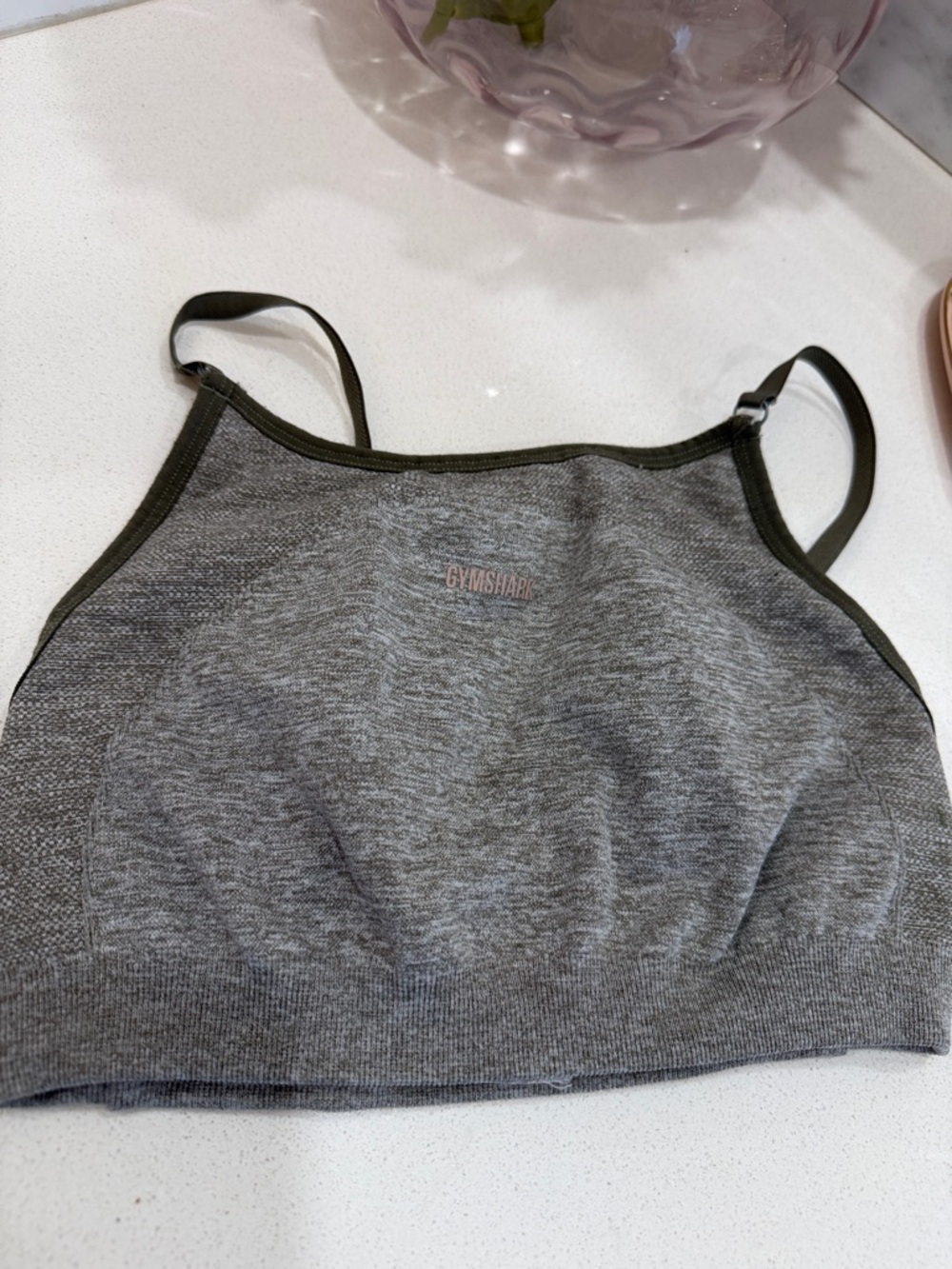 Gymshark Grey Seamless High-Neck Sports Bra with Olive Trim